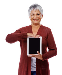 Wall Mural - Isolated senior woman, tablet and portrait with blank screen, mockup space and transparent png background. Elderly lady, digital touchscreen and happy for social media, communication or connection