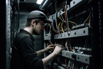 maintenance technician working with cables. Image ai generate. Generative AI