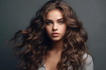  Beautiful model girl with long wavy and shiny hair. Brunette woman with curly hairstyle. Generative AI