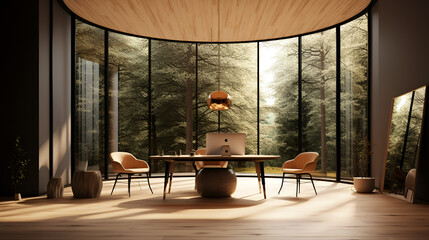 Canvas Print - 3d mock up of an office with glass window and wood furniture. Generative AI.