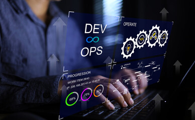 DevOps software developer IT operation engineer work with agile gestures as programer development concept with dev and ops icon computer screen project manager operation sysadmin typing on keyboard