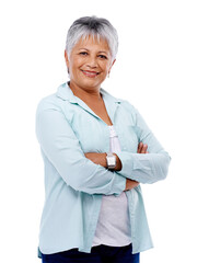 Poster - Portrait of mature woman, arms crossed and isolated on transparent png background with confidence and pride. Happy senior lady, standing proud and confident with smile, happiness and casual fashion.