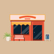 Storefront cafe flat vector. building faces a street with a bench, plant, and menu board. Restaurants and shops facade storefront.Modern shops on the street