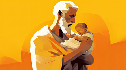 Wall Mural - Colorful painting art portrait of Abraham with his son Isaac. Yellow background. Generative AI.