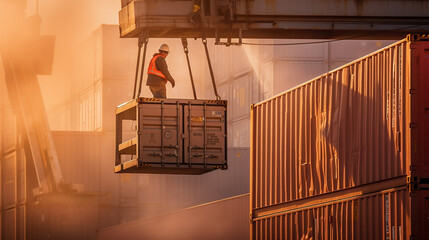 Generative AI image of a bustling commercial port, towering cranes, cargo ships, and busy workers—where goods and ambitions converge, showcasing the vibrancy and ceaseless energy of global trade.