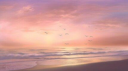 Wall Mural - Tranquil Sunrise Beach: Serene Nature Scene with Pink, Purple, and Orange Sky, sunset over the ocean, beach wallpaper, Generative AI