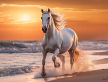 Beautiful White Horse Galloping Along The Beach. Generative AI.