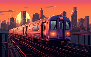 Subway train painted in graffiti on the tracks with New York city in background at sunset. Generative Ai illustration