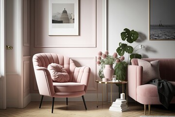 Wall Mural - a pink armchair in a scandinavian-inspired living room, surrounded by minimalist decor, created with generative ai