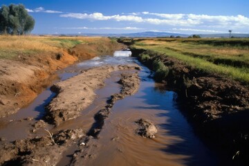 Sticker - natural landscape, with stream running through it, polluted by runoff from nearby farms, created with generative ai