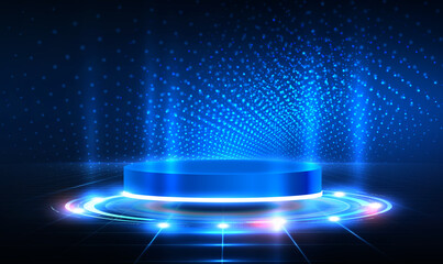 Wall Mural - empty 3d futuristic podium or pedestal floating in the air for technology product display in blue ba
