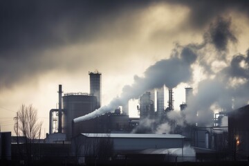 Sticker - industrial plant, with smoke and fog coming from its smokestacks, created with generative ai