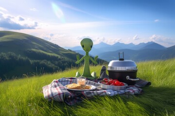 Canvas Print - alien having picnic on the grassy hillside, with stunning vista visible in the background, created with generative ai