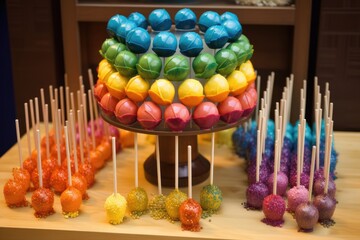 Poster - decorative cake pop display with a rainbow of colors and matching toppers, created with generative ai