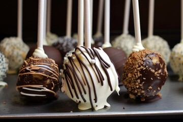 Wall Mural - cake pops with graham cracker crust, topped with creamy filling and drizzle of chocolate, created with generative ai