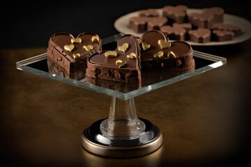 Wall Mural - mini heart-shaped brownies arranged on cake stand for presentation, created with generative ai