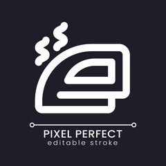 Sticker - Clothes iron pixel perfect white linear ui icon for dark theme. Electric device. Hotel service. Vector line pictogram. Isolated user interface symbol for night mode. Editable stroke. Poppins font used