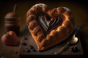 Wall Mural - heart-shaped croissant with a filling of chocolate or almond paste in the morning breakfast treat, created with generative ai