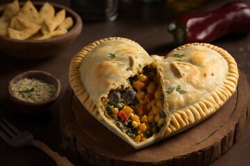 Sticker - heart-shaped empanada filled with a savory mix of cheese and roasted vegetables, created with generative ai