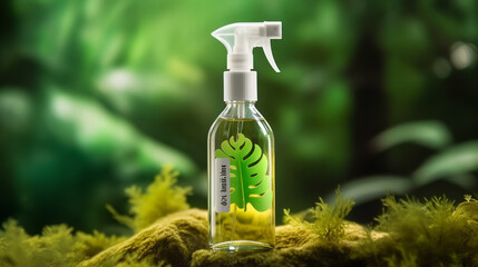 Canvas Print - Spray bottle with green leaf on moss background. 3d illustration