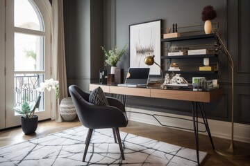 Sticker - a home office with sleek and modern decor, stylish furnishings, and a touch of whimsy, created with generative ai