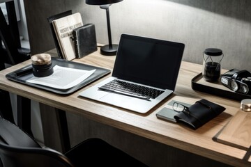 Poster - a tidy desk with a sleek laptop and minimalistic accessories, created with generative ai