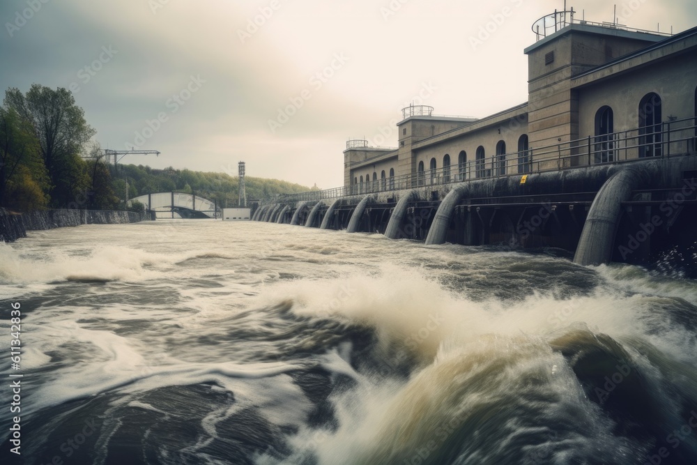 hydroelectric power plant with water flowing through the turbines ...