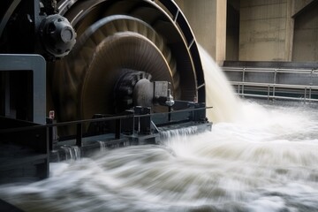 Wall Mural - close-up of spinning turbine in hydroelectric power plant, with rushing water in the background, created with generative ai