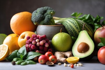 Poster - close-up of fresh fruits, vegetables, and spices for an immune-boosting meal, created with generative ai