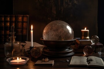 Wall Mural - crystal ball, surrounded by lit candles and incense, in serene setting, created with generative ai