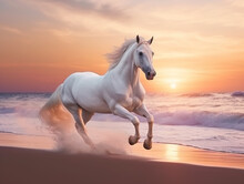 Beautiful White Horse Galloping Along The Beach. Generative AI.