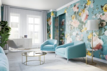 Poster - a room with a fresh wallpaper design in bold colors, complemented by pale blue walls and light furniture, created with generative ai