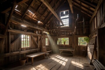 Sticker - rustic barn with sun shining through the windows, illuminating the interior, created with generative ai