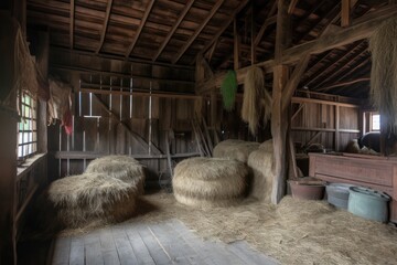 Canvas Print - rustic barn with freshly baled hay for the horses, and saddle hanging on wall, created with generative ai