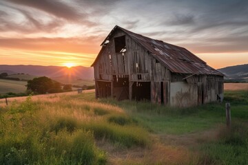 Poster - rustic barn, with view of sunrise, surrounded by rolling hills, created with generative ai