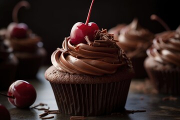 Sticker - close-up of cupcake with swirls of chocolate frosting and cherry on top, created with generative ai