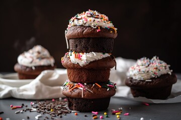 Wall Mural - stack of mini chocolate cupcakes with fluffy frosting and sprinkles, created with generative ai