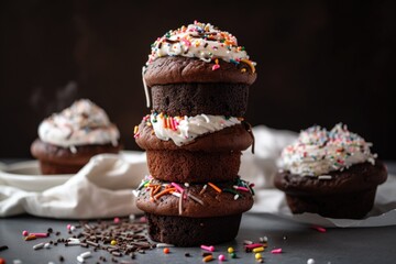 Poster - stack of mini chocolate cupcakes with fluffy frosting and sprinkles, created with generative ai