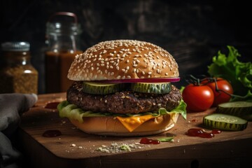 Wall Mural - classic burger, with pickles and ketchup, on sesame seed bun, created with generative ai