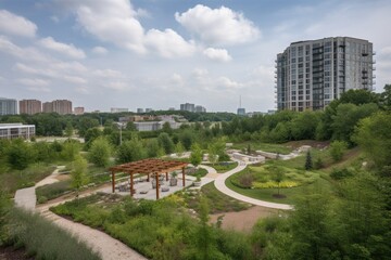 Poster - community garden with view of a nearby park or natural setting, created with generative ai