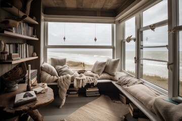 Poster - cozy reading nook with a view of the beach, with driftwood and shells for decorations, created with generative ai