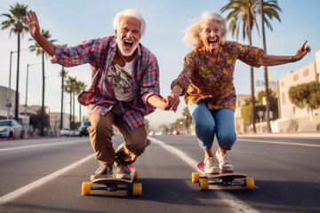 Crazy hipster old couple riding skateboard on the street. Generative AI