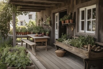 Poster - organic farmhouse with rustic furniture, fresh herbs and vegetables growing on the porch, created with generative ai