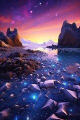 Wall Mural - Fantasy landscape with sandy glaciers and purple crystal. Concept art. fantasy, generative ai