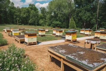 Canvas Print - pollinator garden with beekeeping equipment, including hives and honey jars, created with generative ai