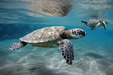 Poster - baby sea turtle swimming in the ocean, with its parent nearby, created with generative ai