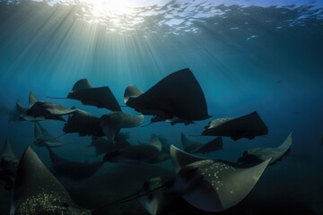 Canvas Print - school of rays swimming together, their graceful movements in synch, created with generative ai