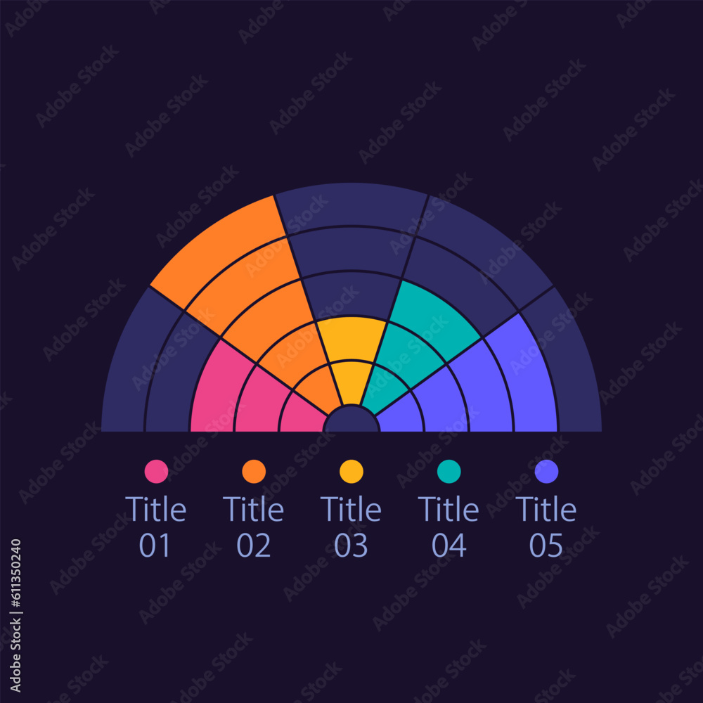 Semi circle infographic chart design template for dark theme. Five ...