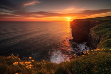 Poster - beautiful sunset over coastal cliff, with the sun reflecting off of the water, created with generative ai