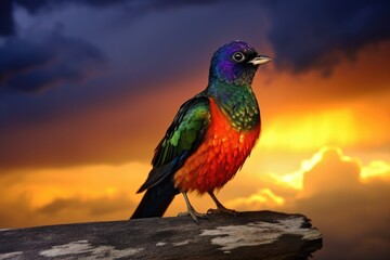 Wall Mural - colorful bird with dramatic sky in the background, created with generative ai